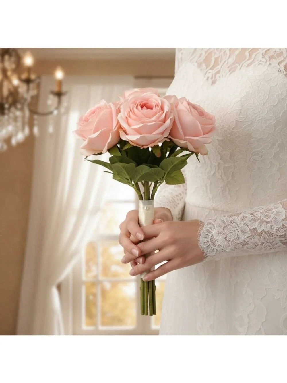 Blush Pink Artificial Roses Set Of 3 Fake Flower Stems Silk Roses Long Stem Wedd